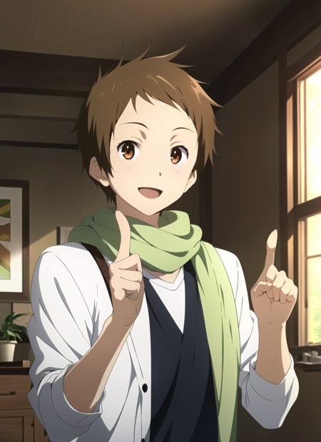 3978529055-1939420270-hyouka , masterpiece, best quality,  1boy, male focus, brown hair, solo, smile, brown eyes, scarf, open mouth, anime coloring, l.png